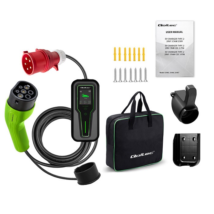 Qoltec Mobile EV Car Charger Adjustable 2in1 Type2 7kW CEE 3 PIN 230V LCD Portable Wallbox 5m