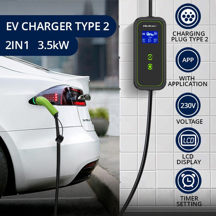 Qoltec Mobile EV Car Charger Adjustable 2in1 Type2 3.5kW 230V Wi-Fi LCD Portable Wallbox 5m
