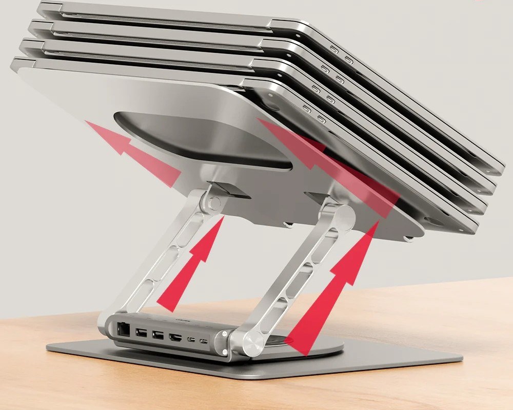Adjustable Laptop Stand USB-C HDMI Hub Unitek D1109B01 PD 100W