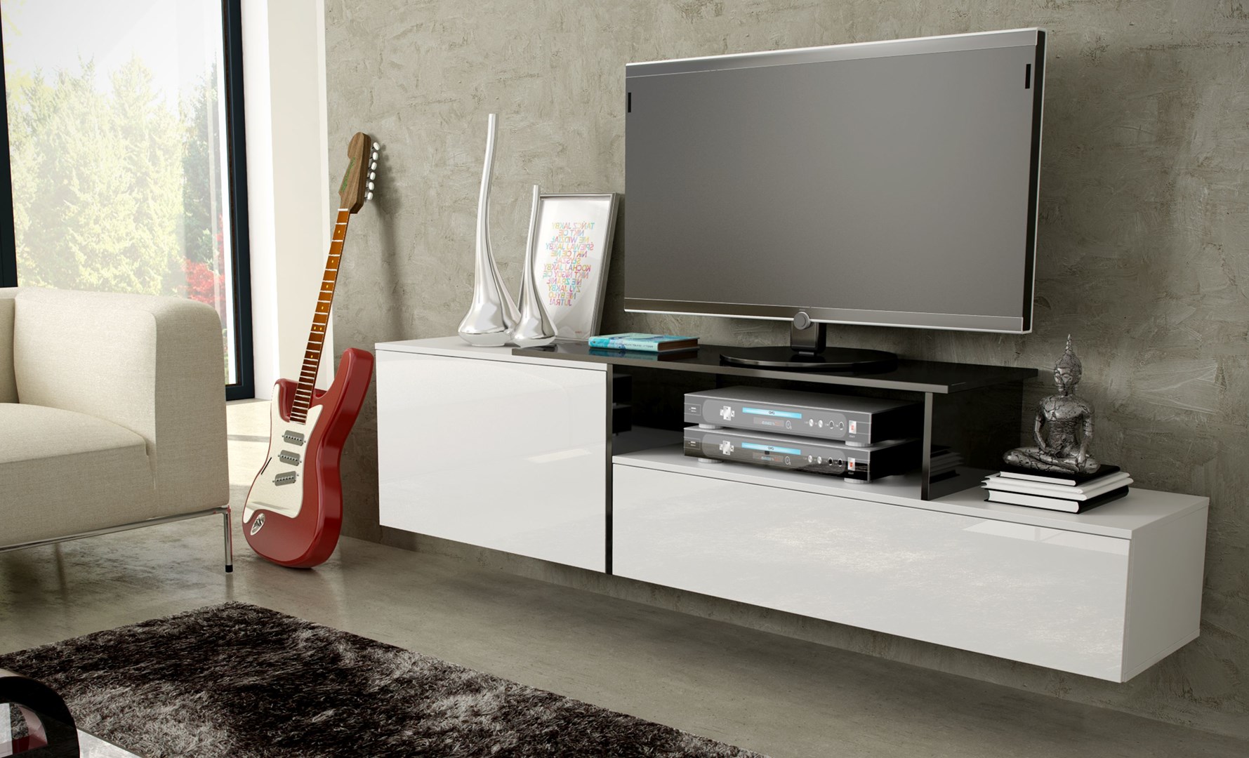 Cama TV Cabinet SIGMA 3 180 White/White Gloss Black