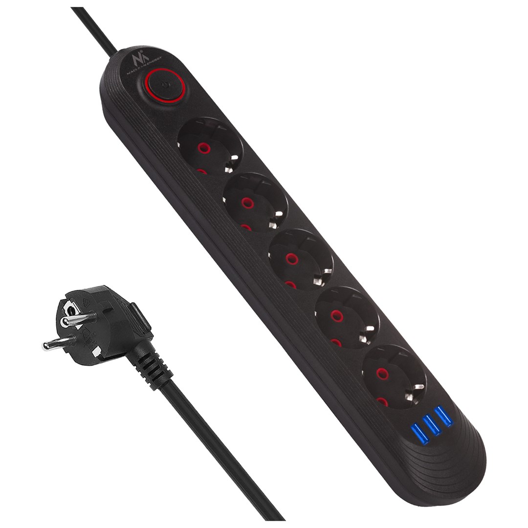Maclean Power Strip 5 Socket Extension Cable 3xUSB 110-240V AC 50/60Hz 2.1A Max 2500W 1.5m Black MCE395 B