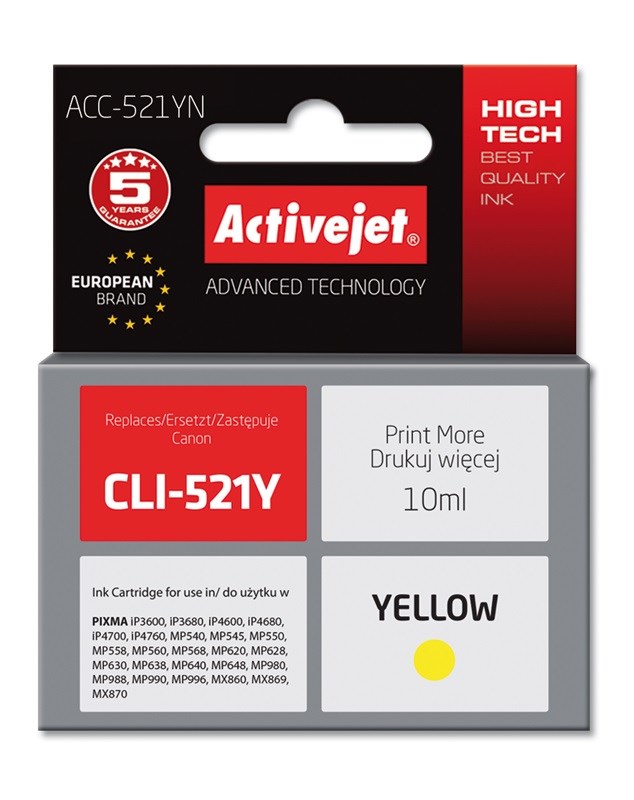 Activejet ACC-521YN ink (replacement for Canon CLI-521Y; Supreme; 10 ml; yellow)