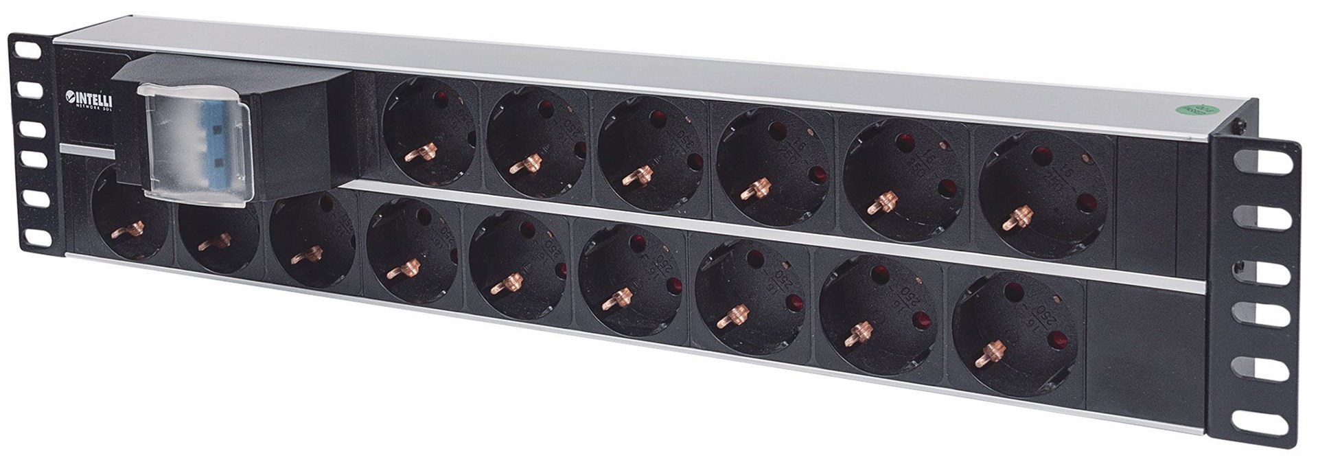 Intellinet 19" 2U Rackmount 15-Output Power Distribution Unit (PDU), EU CEE 7/3 Outlets, With Double Air Switch, Built-in 3 m (10 ft.) Power Cord with EU CEE 7/4 Plug
