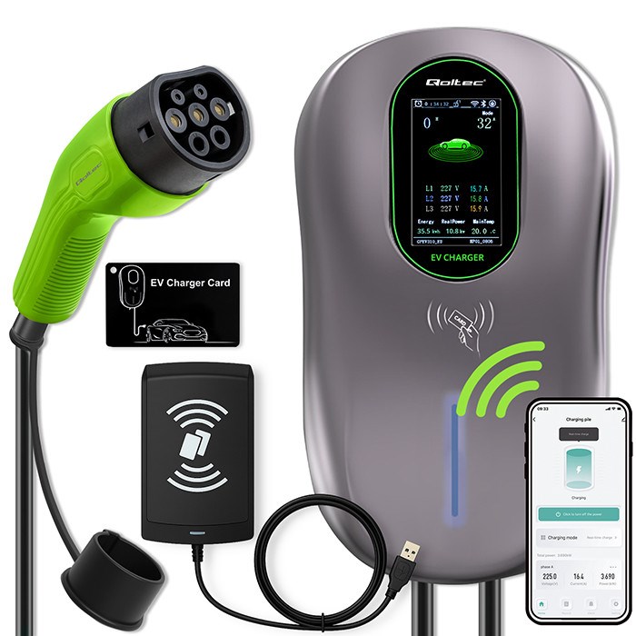 Qoltec Stacja łAdowania EV Typ2 Do Samochodu Elektrycznego I Hybryd 22kW LCD 2 Karty EV 3 Fazy Wallbox Hotel System 5m