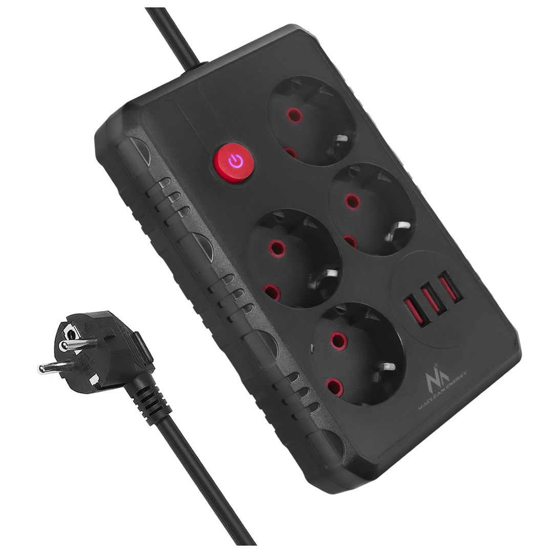 Maclean Power Strip 4-Socket Extension Cable 3xUSB 110-240V AC 50/60Hz 2.1A Max 2500W 3m Black MCE393 B