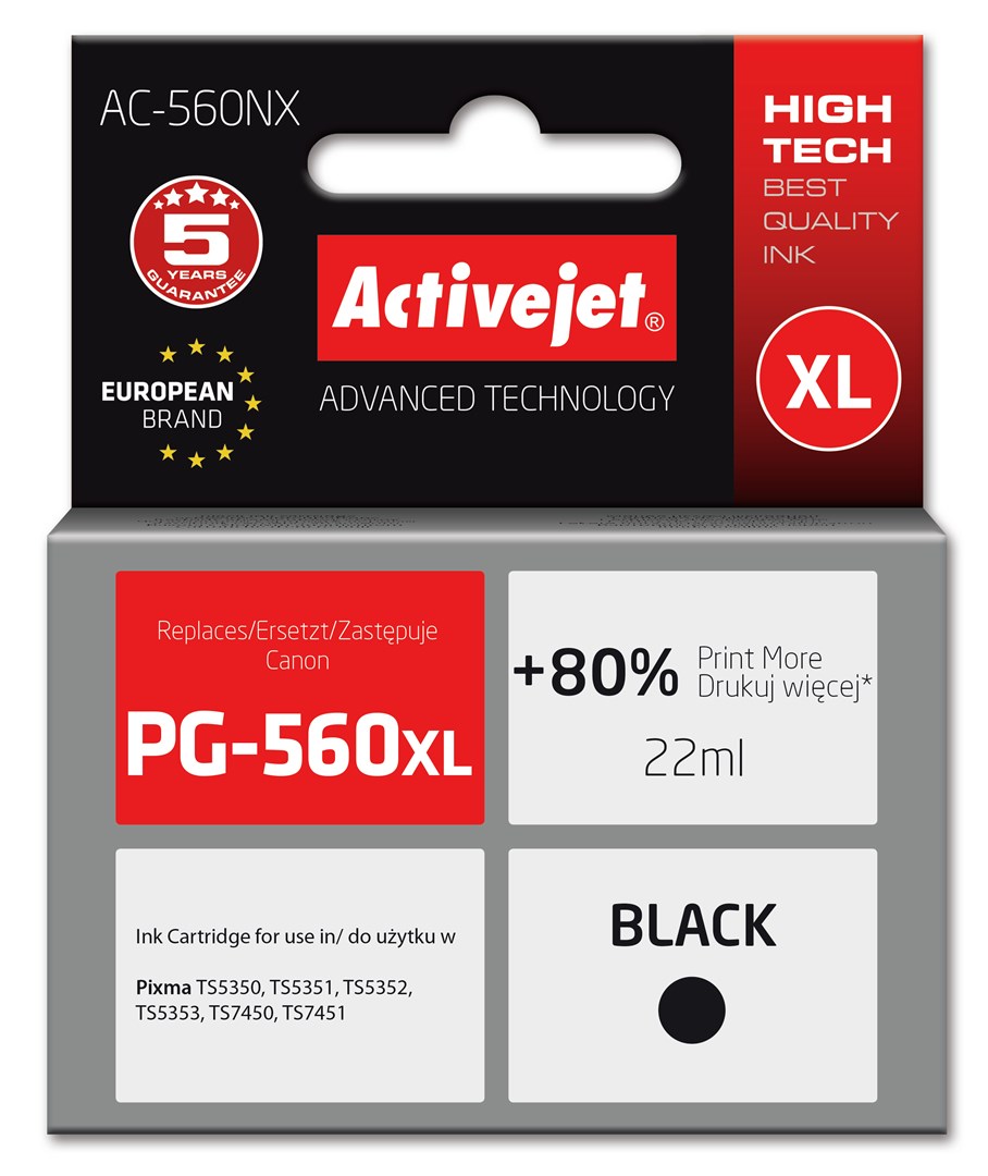 Activejet AC-560NX Printer Ink for Canon, Replacement Canon PG-560XL; Supreme; 22 ml; black