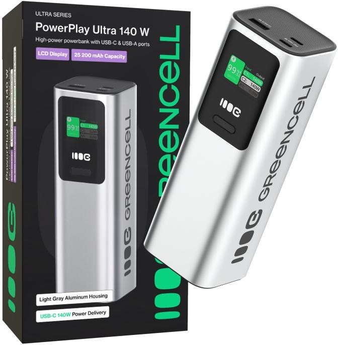Green Cell GC PBGC25UD - Powerbank PBGC25UD, 25200 mAh, 140 W, 1x USB-A, 2x USB-C Lithium-Ion (Li-Ion) Aluminium, Black, Silver