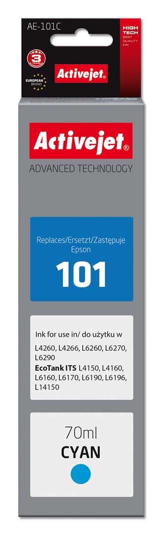 Activejet Ink AAE-101C Ink Bottle for Epson Printer, Replacement Epson 101; Supreme; 70 ml; cyan