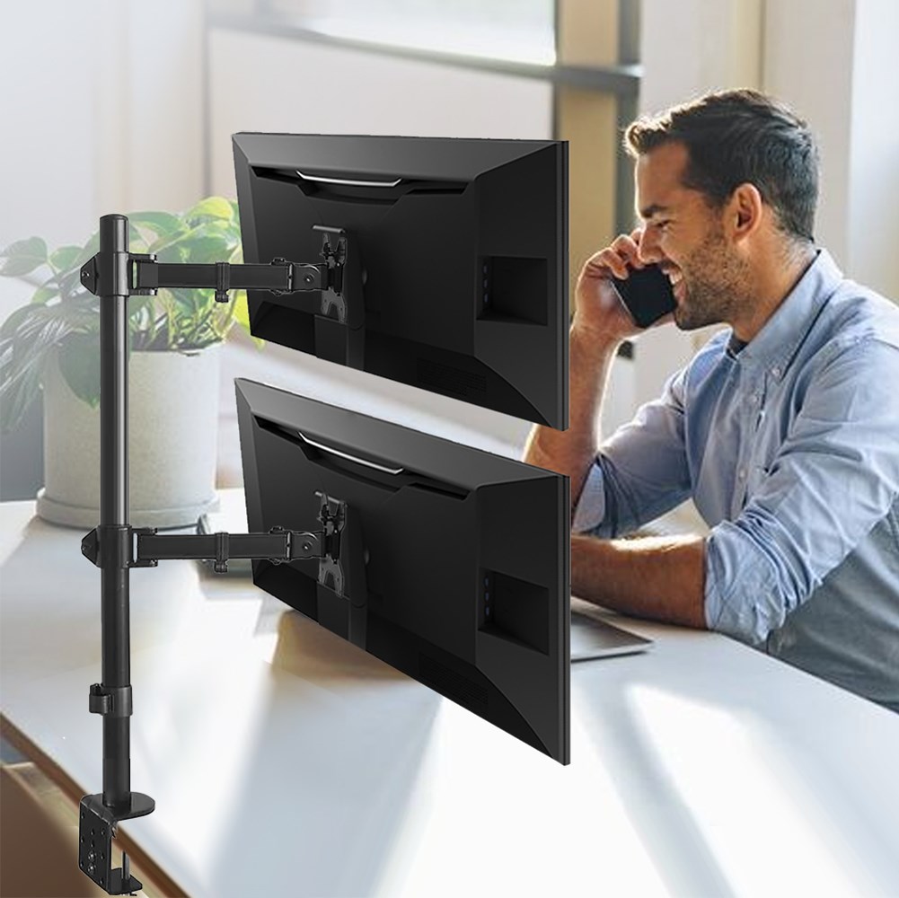 Maclean MC-967 Double Vertical Monitor Desk Mount Screen Holder Max VESA 100x100 13-27 2x 9kg Powder Coated Tilting Rotating Adjustable