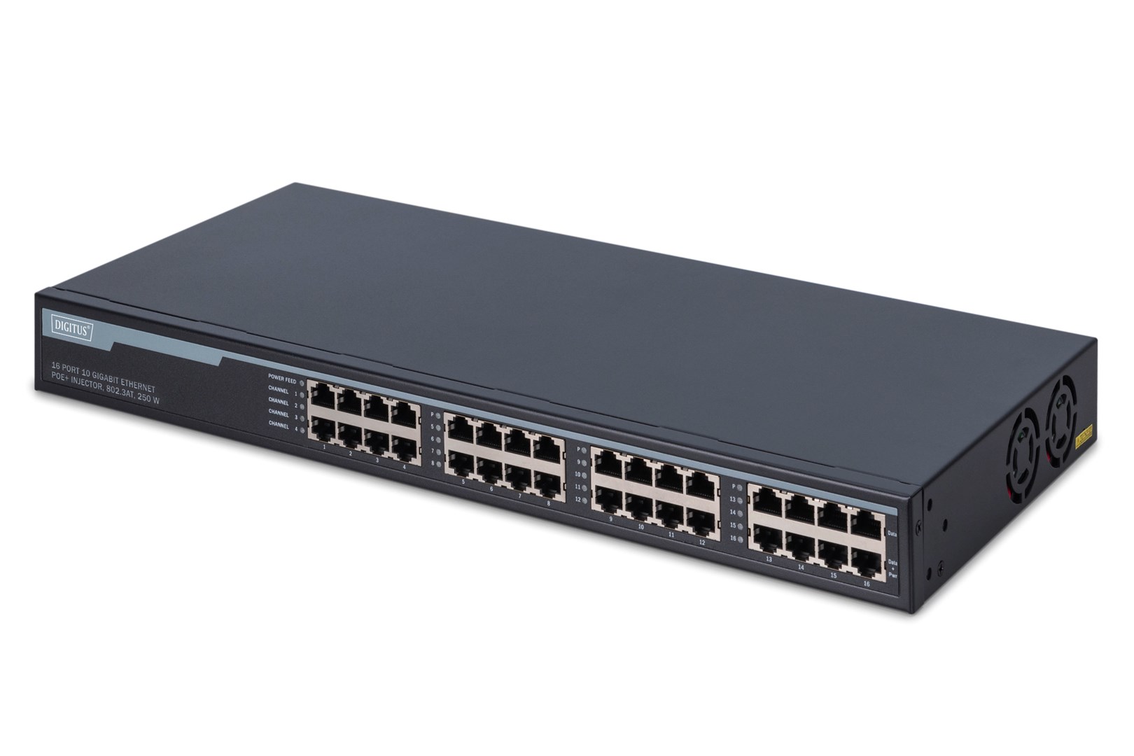 16-port 10G Ethernet PoE+ injector, 802.3at, 250 W
