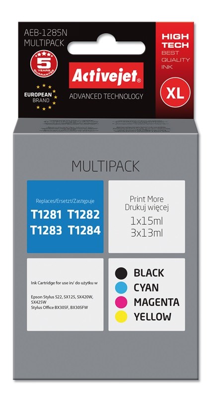 Activejet AEB-1285N ink (replacement for Epson T1285; Supreme; 1 x 15 ml, 3 x 13 ml; black, magenta, cyan, yellow)