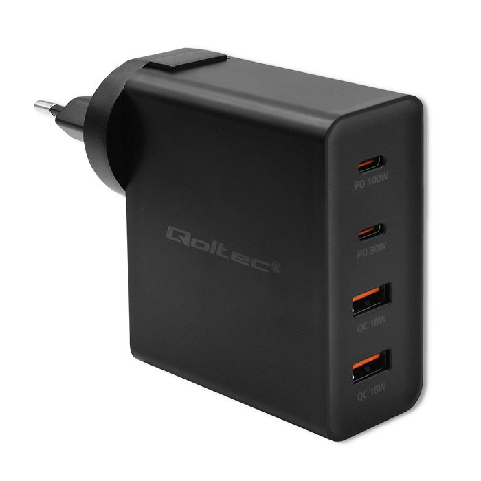 Qoltec 52383 mobile device charger Laptop, Portable gaming console, Power bank, Smartphone, Smartwatch, Tablet Black AC Fast charging Indoor