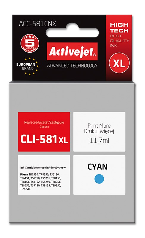 Activejet ACC-581CNX ink (replacement for Canon CLI-581C XL; Supreme; 11.70 ml; cyan)