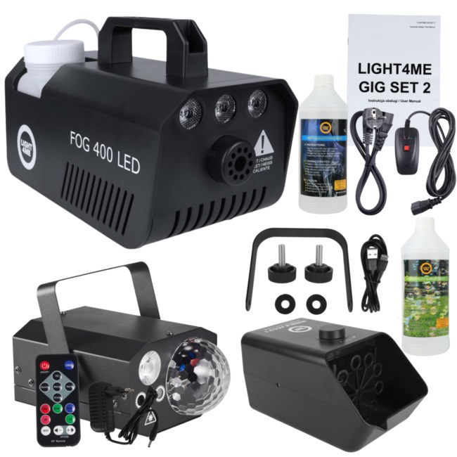 LIGHT4ME GIG Set 2 - Set (Smoke Machine 1 Litre Smoke Fluid Battery-Powered Bubble Machine 1 Litre Bubble Fluid 4-In-1 Lighting Effect)