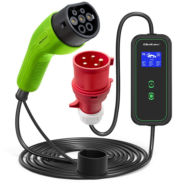 Qoltec Mobile EV Car Charger Adjustable 2in1 Type2 11kW CEE 5 PIN LCD 3 Phases Portable Wallbox 5m