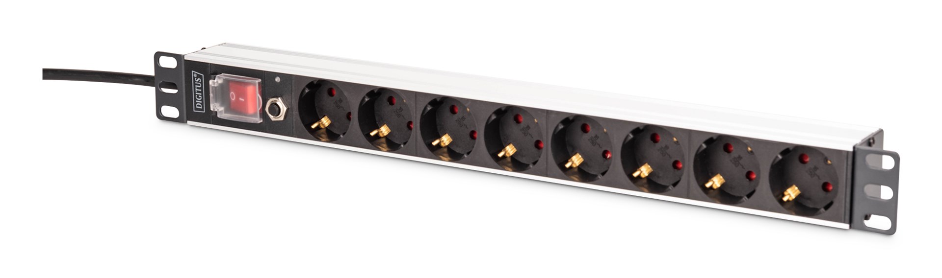 Multiple socket outlet with aluminum profile and overload protection, 8-way socket outlet with earthing contact, 2 m supply cable with earthing contact plug