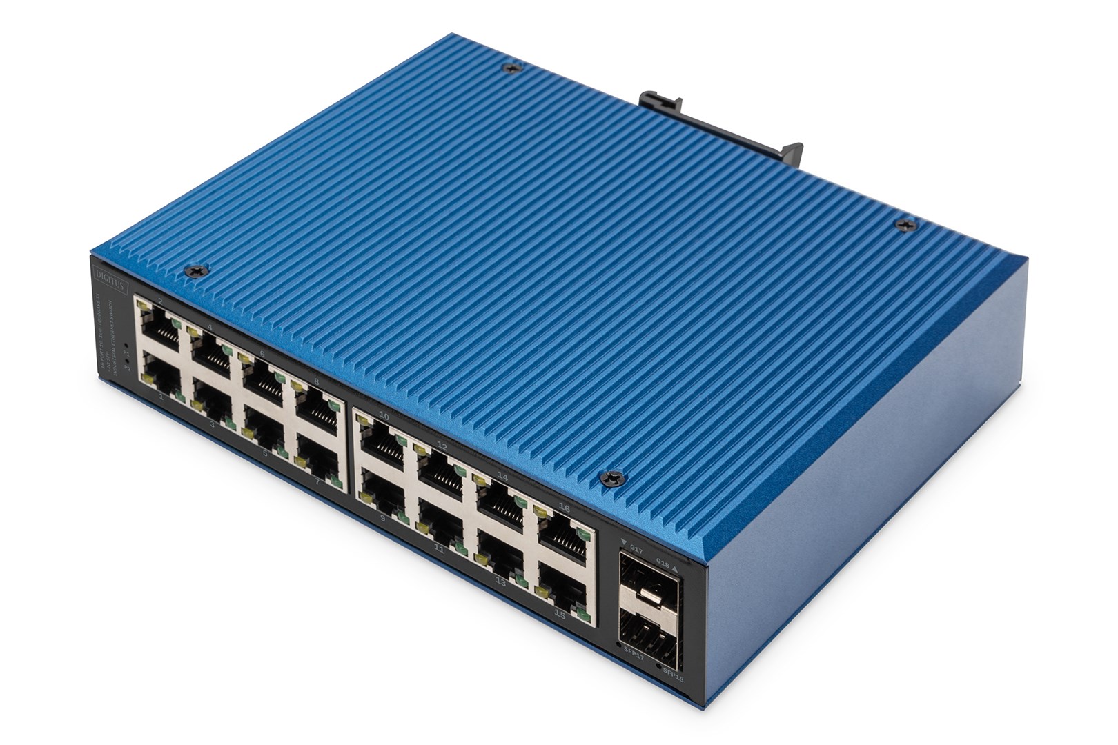 16 port Gigabit Ethernet network switch, industrial, unmanaged, 2 SFP uplink