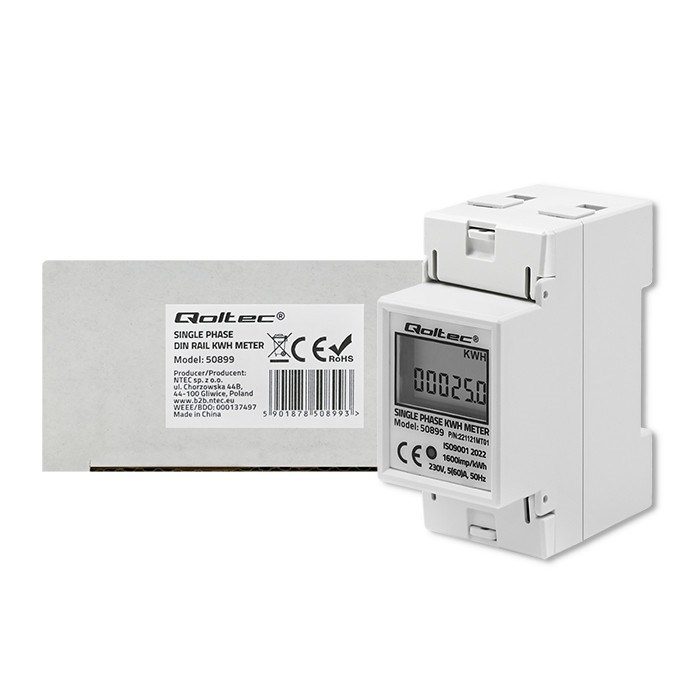Qoltec 50899 Single Phase Electronic Energy Consumption Meter 230 V LCD 2P DIN Rail