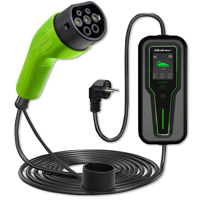 Qoltec Mobile EV Car Charger Adjustable 2in1 Type2 3.5kW 230V LCD Portable Wallbox 5m