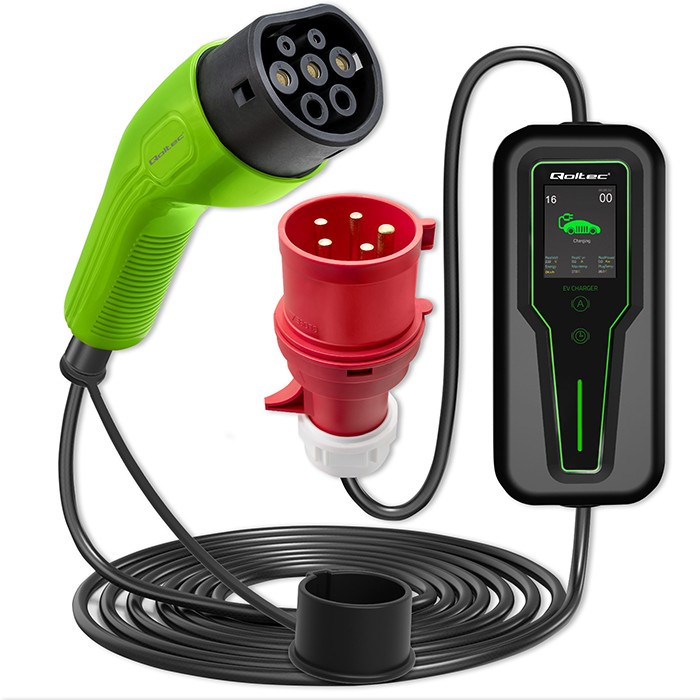 Qoltec Mobile EV Car Charger Adjustable 2in1 Type2 11kW 3 Phases CEE 5 PIN LCD Portable Wallbox 5m