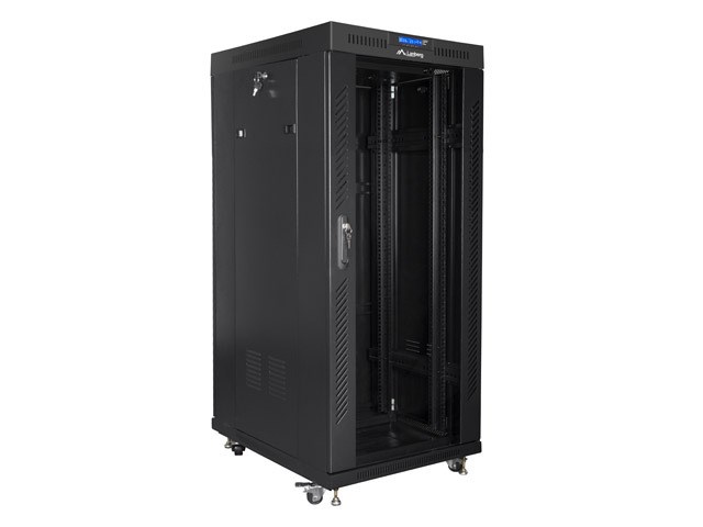 Lanberg free standing rack 19inch cabinet 27U 600x600 glass door LCD flat pack black Freestanding rack