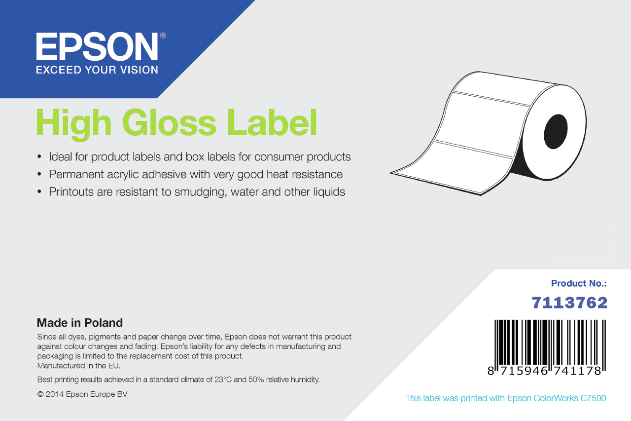 Epson High Gloss Label, Die-Cut Roll, 76mm x 127mm, 960 Labels