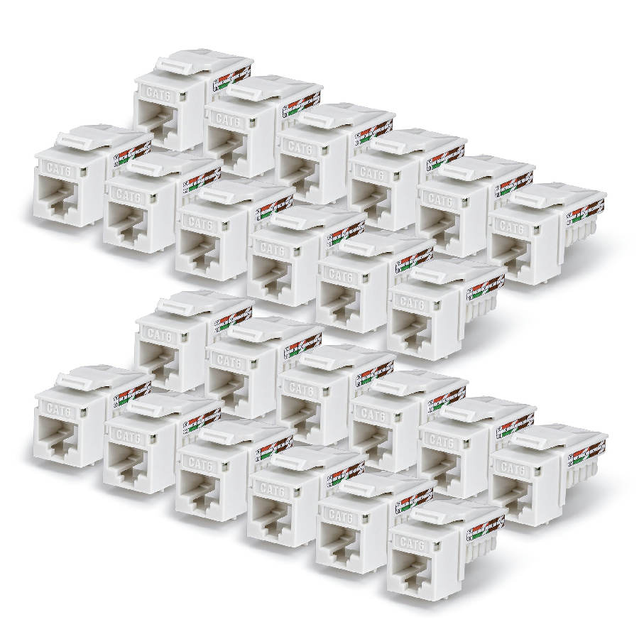 StarTech.com Cat6 Keystone Jack, 24-Pack RJ45 Ethernet Keystone Jacks, UTP Cat6 Wall Jack, 90-Degree 110 Punch Down, White