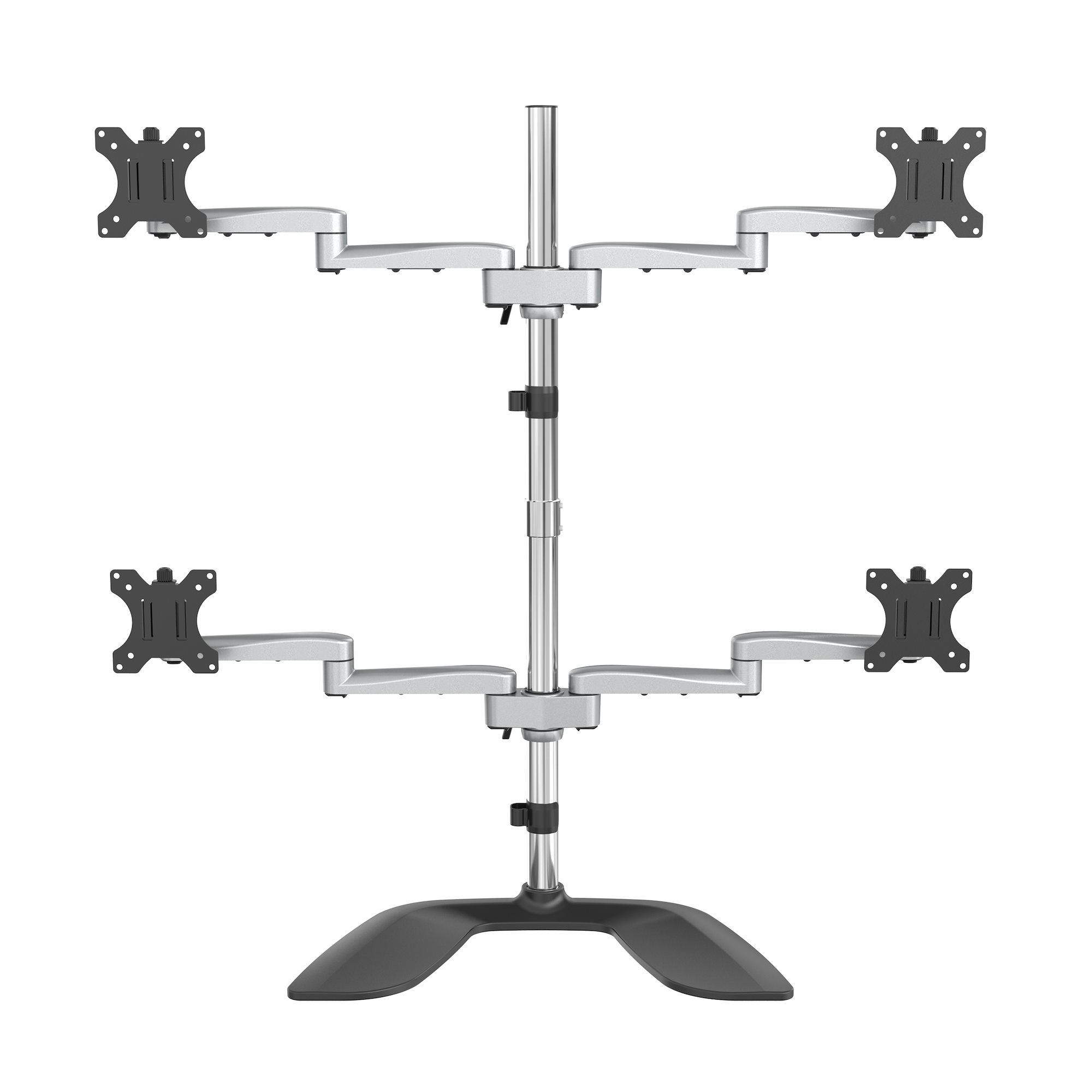 StarTech.com Desktop Quad Monitor Stand - Ergonomic VESA 4 Monitor Arm (2x2) up to 32" - Free Standing Articulating Universal Pole Mount - Height Adjustable/Tilt/Swivel/Rotate - Silver