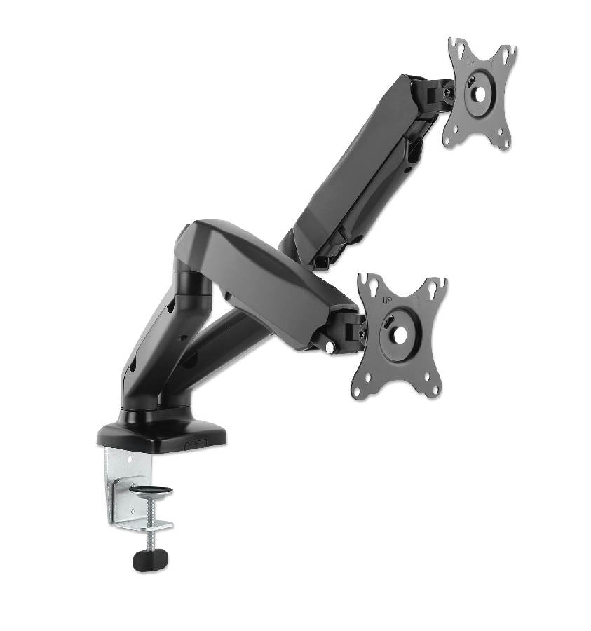 Manhattan Dual Desk Mount for TV & Monitors (Full Motion Spring), For screens 10" to 27", C-Clamp or Grommet Assembly,VESA compatibility: 75x75 and 100x100mm -check the dimensions of the four mounting holes on back of screen to ensure it fits,Max 9kg (each),Bracket