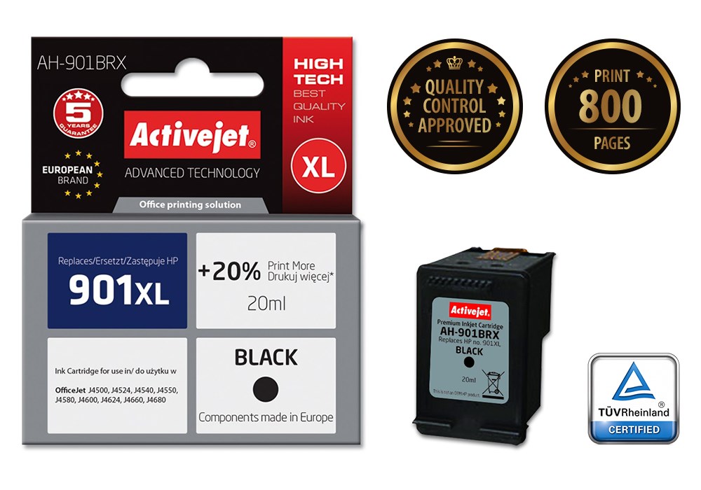 Activejet AH-901BRX ink (replacement for HP 901XL CC654AE; Premium; 20 ml; black)