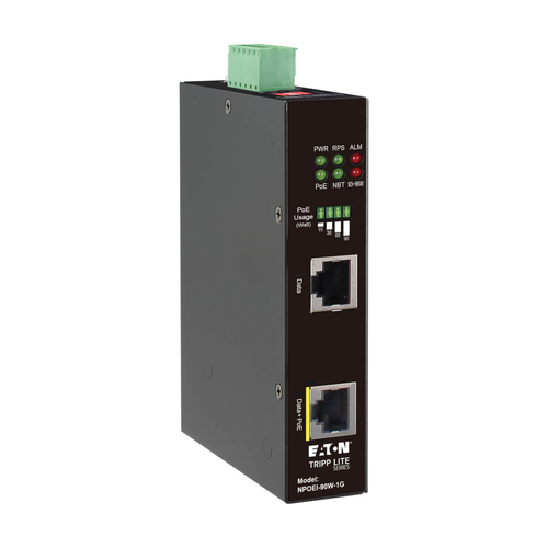 Tripp Lite NPOEI-90W-1G Industrial Gigabit Ethernet PoE injector, 90W PoE++, 802.3bt, Midspan, -40℃ to +75℃, IP30 housing, Dual 24-57VDC , DIN rail, 1 Port