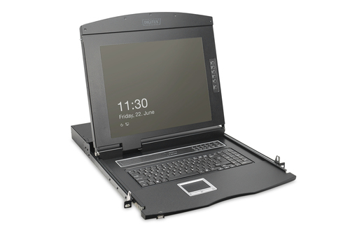 Modular HD LCD KVM console with 19" TFT, 8-port VGA KVM connection, touchpad, Swiss keyboard layout