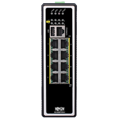 Tripp Lite NGI-M08POE8-L2 8-Port Managed Industrial Gigabit Ethernet Switch - Layer 2, 1 Gbps, PoE+ 30W, -40° to 75°C, DIN Mount