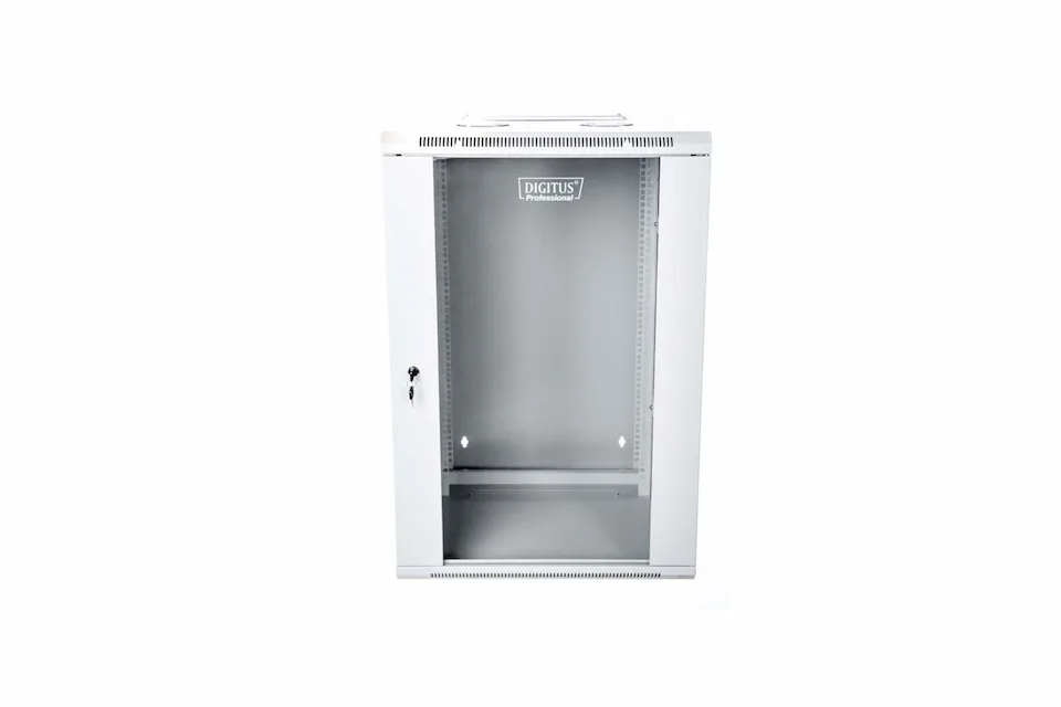 DIGITUS 19" 15U wall-mounted network rack cabinet 600x600, glass door, grey, split design, assembled, 60kg