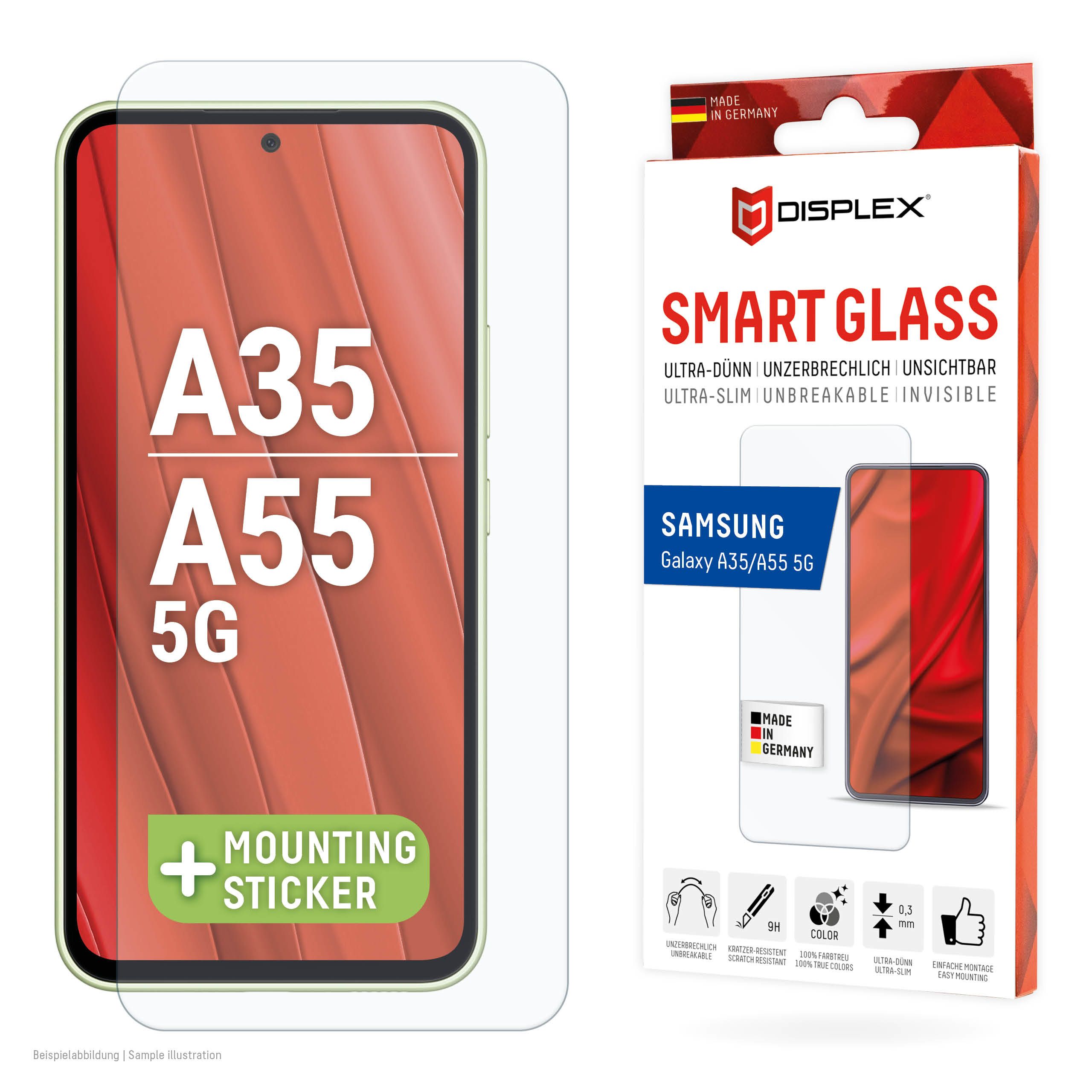 Displex Smart Glass (9H) for Samsung Galaxy A35/A55 5G, Mounting Sticker, unbreakable