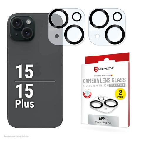 Displex Full Cover Camera Lens Glass iPhone 15/15 Plus, 10H, Full Camera Protector, Quick Mount, 2-Pack