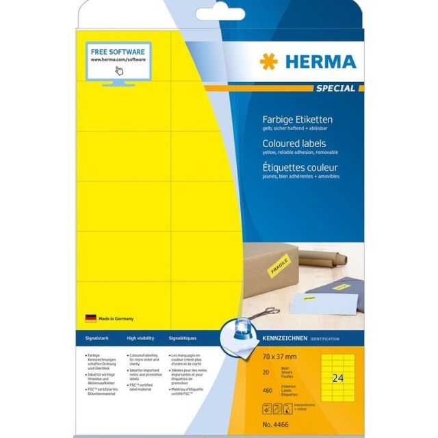 HERMA Coloured Labels A4 70x37 mm yellow paper matt 480 pcs.