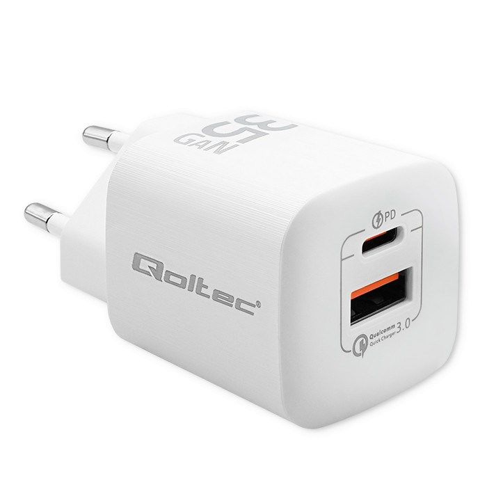 Qoltec 50763 Mobile Device Charger Laptop Portable Gaming Console Power Bank Smartphone Smartwatch Tablet White AC Fast Charging Indoor