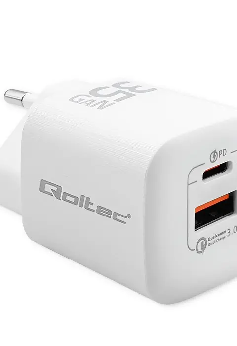 Qoltec 50763 Mobile Device Charger Laptop Portable Gaming Console Power Bank Smartphone Smartwatch Tablet White AC Fast Charging Indoor