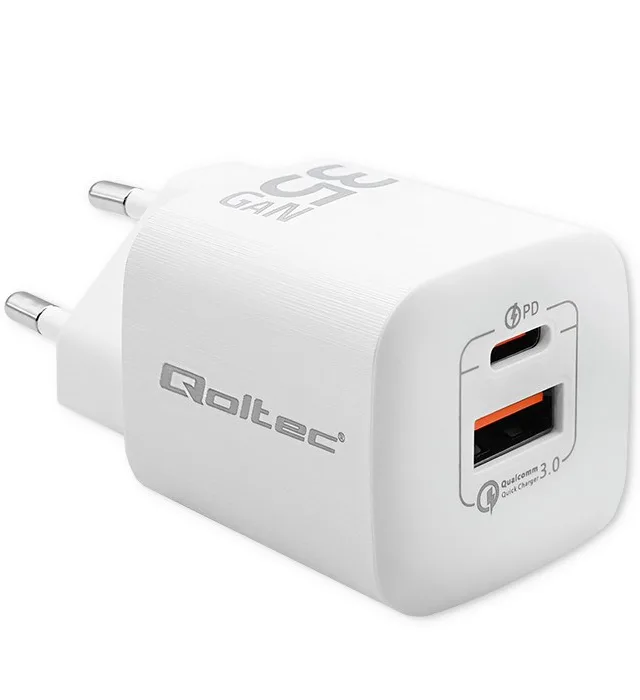Qoltec 50763 Mobile Device Charger Laptop Portable Gaming Console Power Bank Smartphone Smartwatch Tablet White AC Fast Charging Indoor