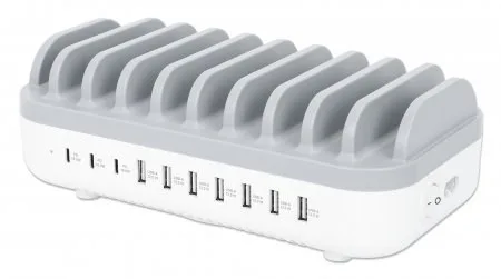 Manhattan Charging Station, 10x Ports: 3x USB-C (up to 18W PD) and 7x USB-A (up to 12W), 120W Total Output, White/Grey, Three Year Warranty