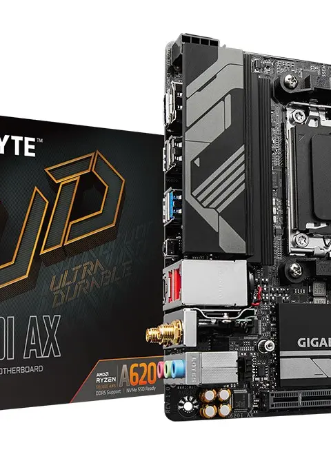 GIGABYTE A620I AX Motherboard - Supports AMD Ryzen 8000 CPUs, 5+2+1 Phases Digital VRM, up to 6400MHz DDR5 (OC), 1xPCIe 4.0 M.2, Wi-Fi 6E, 2.5GbE LAN, USB 3.2 Gen 2