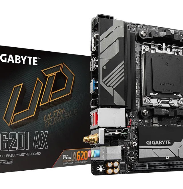 GIGABYTE A620I AX Motherboard - Supports AMD Ryzen 8000 CPUs, 5+2+1 Phases Digital VRM, up to 6400MHz DDR5 (OC), 1xPCIe 4.0 M.2, Wi-Fi 6E, 2.5GbE LAN, USB 3.2 Gen 2
