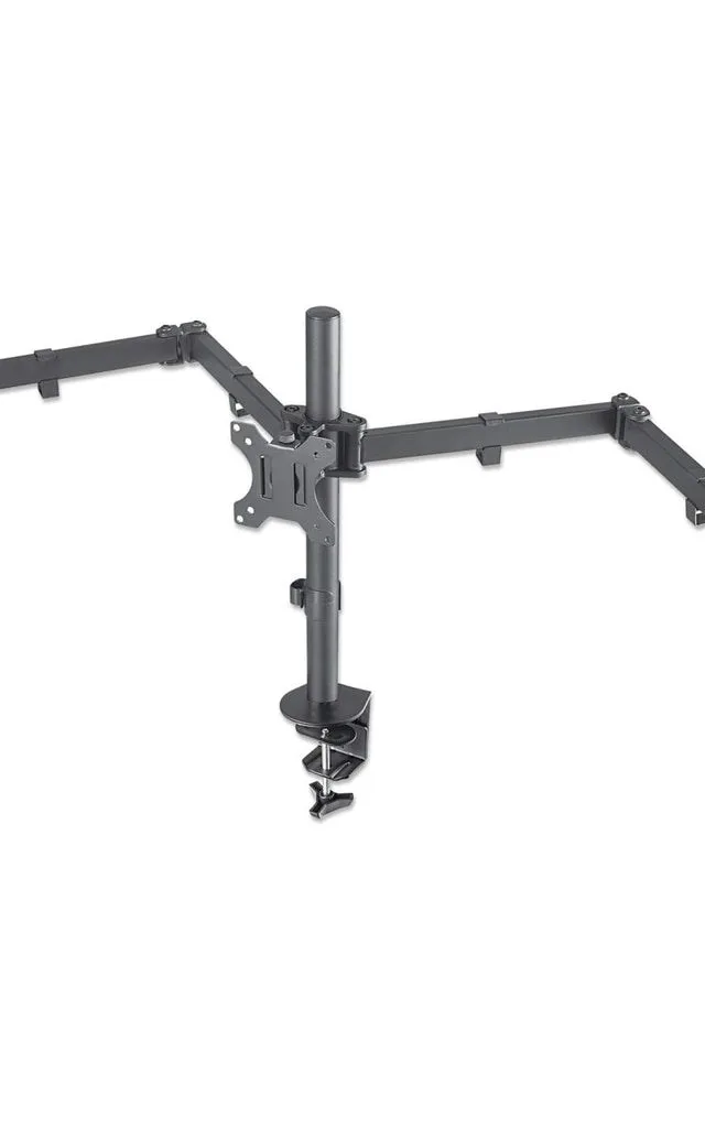 Manhattan Triple Desk Mount for TV & Monitors, For screens: 10" to 27", Clamp Assembly, VESA compatibility: 75x75 and 100x100mm - check the dimensions of the four mounting holes on back of screen to ensure it fits, Max 7kg (each), Black, Bracket, Lifetime Warranty