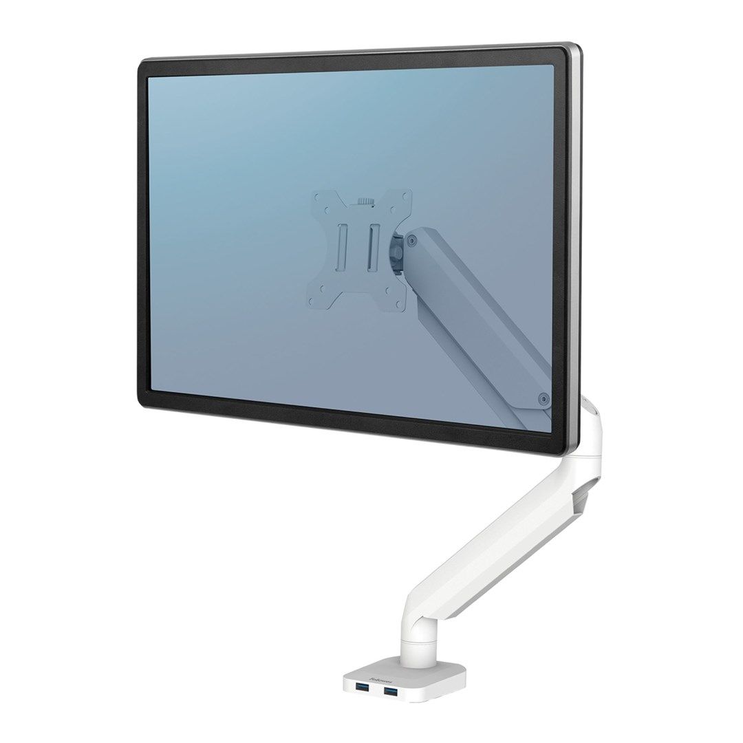 Fellowes Platinum Series Monitor Arm - Monitor Mount for 8KG 40 Inch Screens - Adjustable Monitor Desk Mount - Tilt 45° Pan 180° Swivel 360° Rotation 360°, VESA 75 x 75/100 x 100 - White