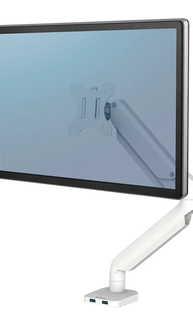 Fellowes Platinum Series Monitor Arm - Monitor Mount for 8KG 40 Inch Screens - Adjustable Monitor Desk Mount - Tilt 45° Pan 180° Swivel 360° Rotation 360°, VESA 75 x 75/100 x 100 - White