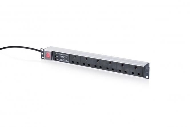 DIGITUS Power strip with aluminum profile and switch, surge protection, built-in power filter, 6 UK-type outlets, 1.8 m power cord with UK-type plug