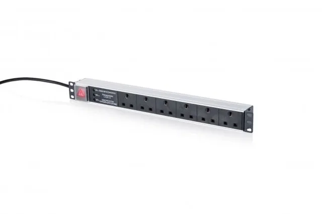 DIGITUS Power strip with aluminum profile and switch, surge protection, built-in power filter, 6 UK-type outlets, 1.8 m power cord with UK-type plug