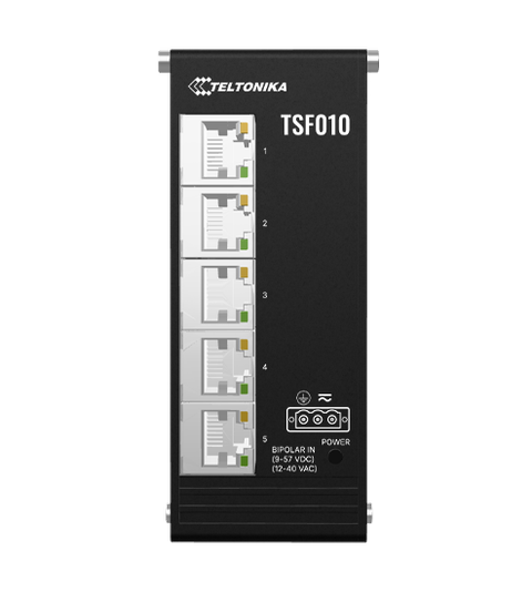 Teltonika Networks TSF010 (12-40 VAC) x5 ports unmanaged flat ethernet switch with integrated din rail bracket