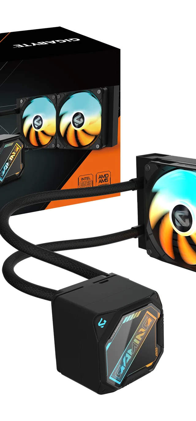 GIGABYTE GAMING 240 Liquid CPU Cooler- 2x120mm ARGB Fans, slide-in interlocking mechanism, DAISY-CHAIN, Intel LGA 1851 and AMD AM5 Compatible
